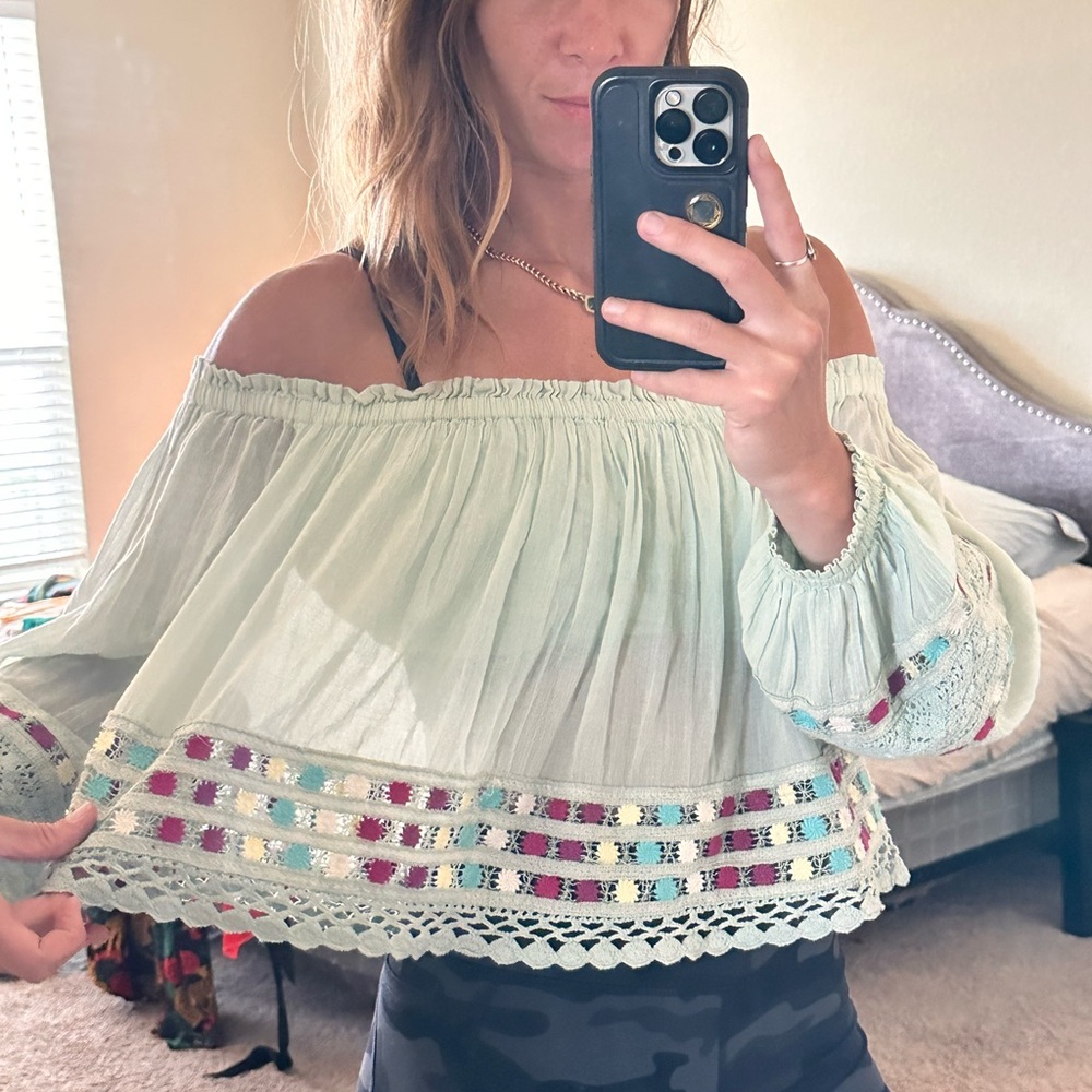 Free People Off-Shoulder Lace Trim Top - Mint Green